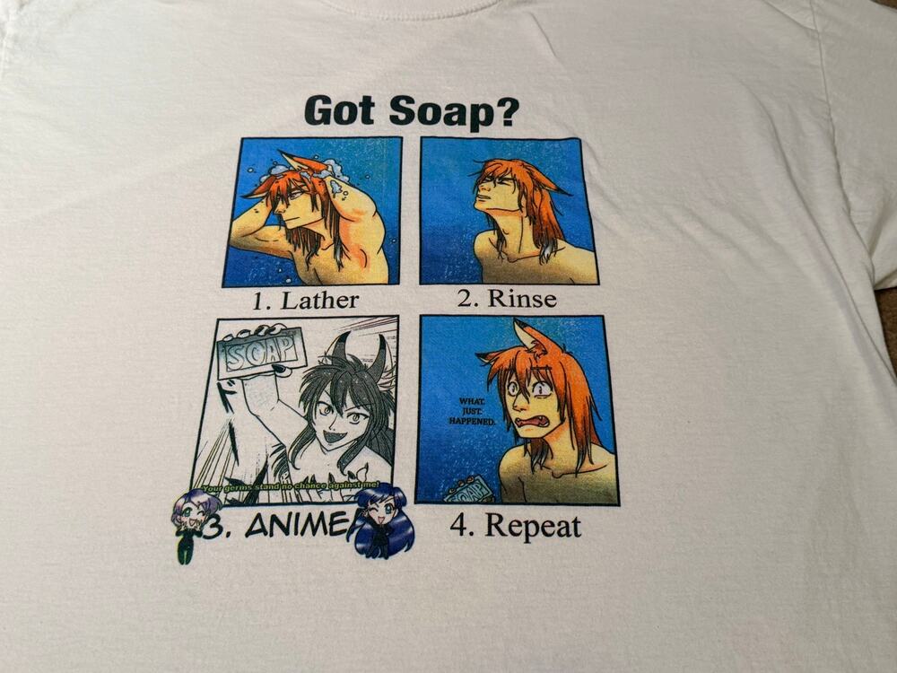 Vintage Got Soap Anime Parody Funny Graphic T-Shirt White Fruit of the Loom XL